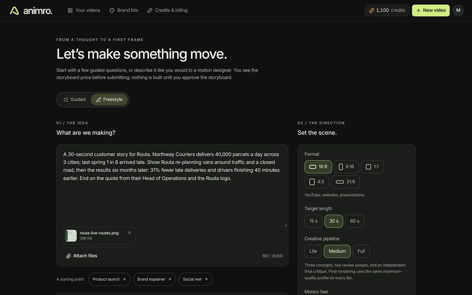 The new video screen in Animro: a written brief for a 30-second customer story with an attached screenshot, and settings for format, length and creative pipeline